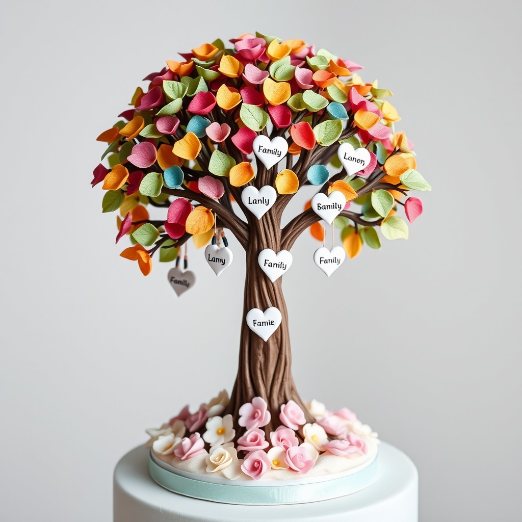 A beautifully designed cake topper featuring a family tree with 6 members