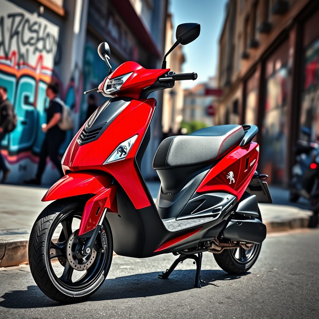 A detailed and vibrant image of a Peugeot Speedfight 2 scooter, showcasing its sleek design and sporty appearance