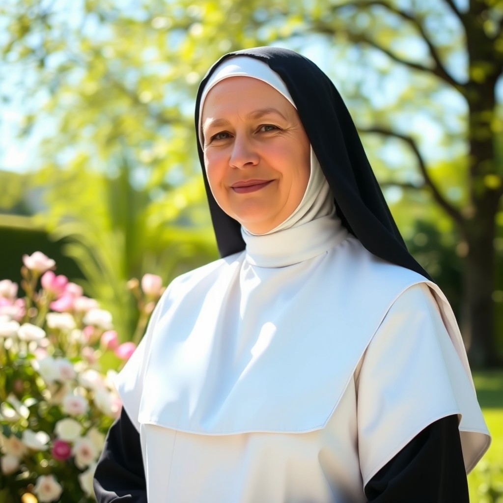 A serene and graceful nun standing peacefully in a tranquil garden