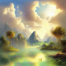 An ethereal, serene depiction of a paradise heaven, filled with luminous clouds, glistening golden rays of sunlight, and peaceful harmonious lush landscapes.