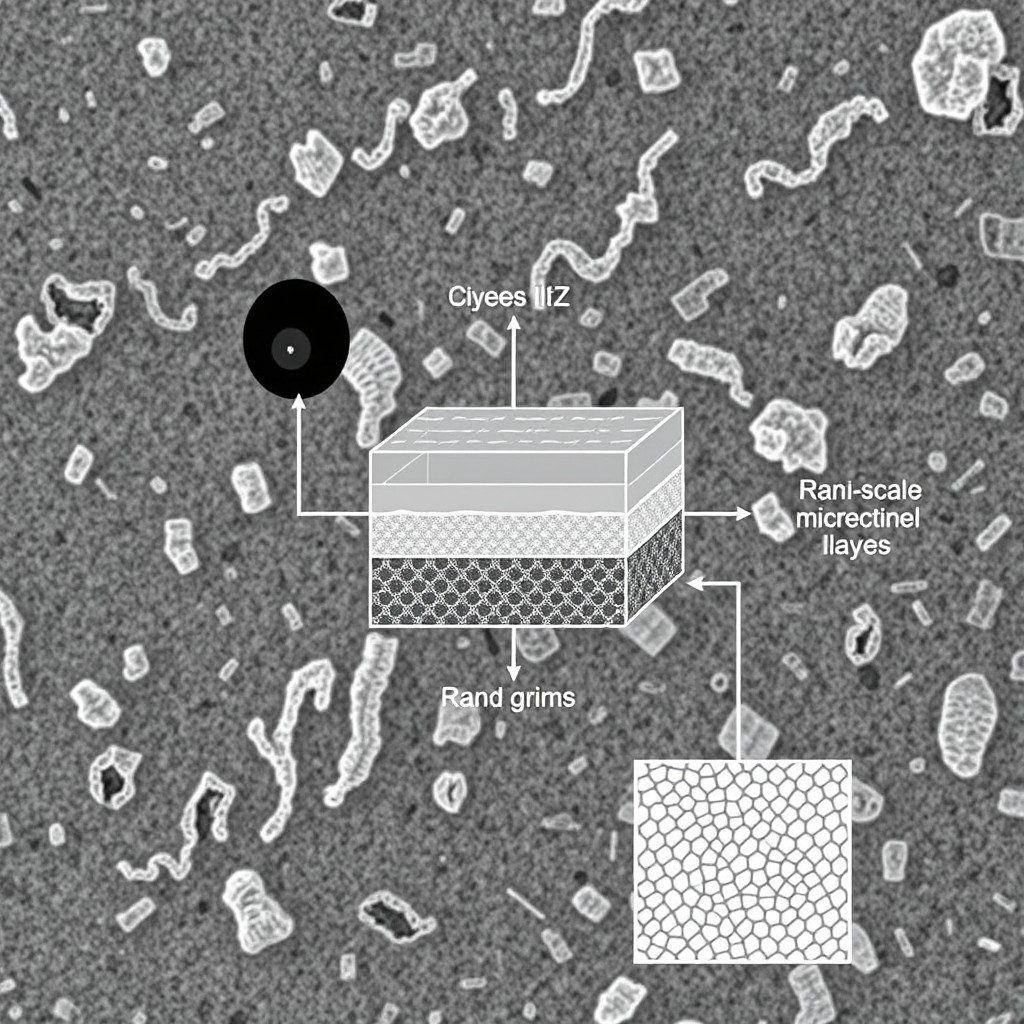 A detailed microscopic image of a sensor surface presented in a schematic diagram format, showcasing intricate patterns and textures