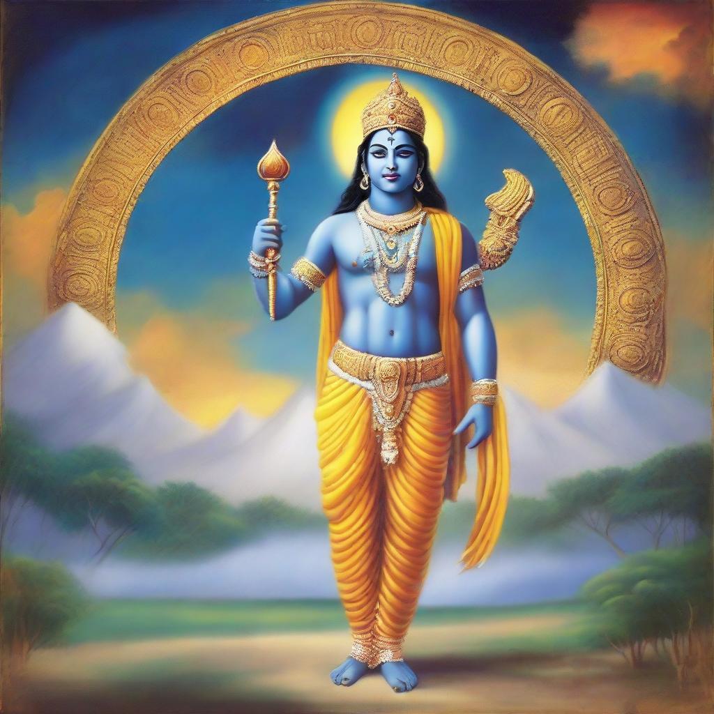 A depiction of Lord Krishna in traditional attire, peacefully standing and holding a Trishul (trident) in his hand, backed by a serene celestial landscape.