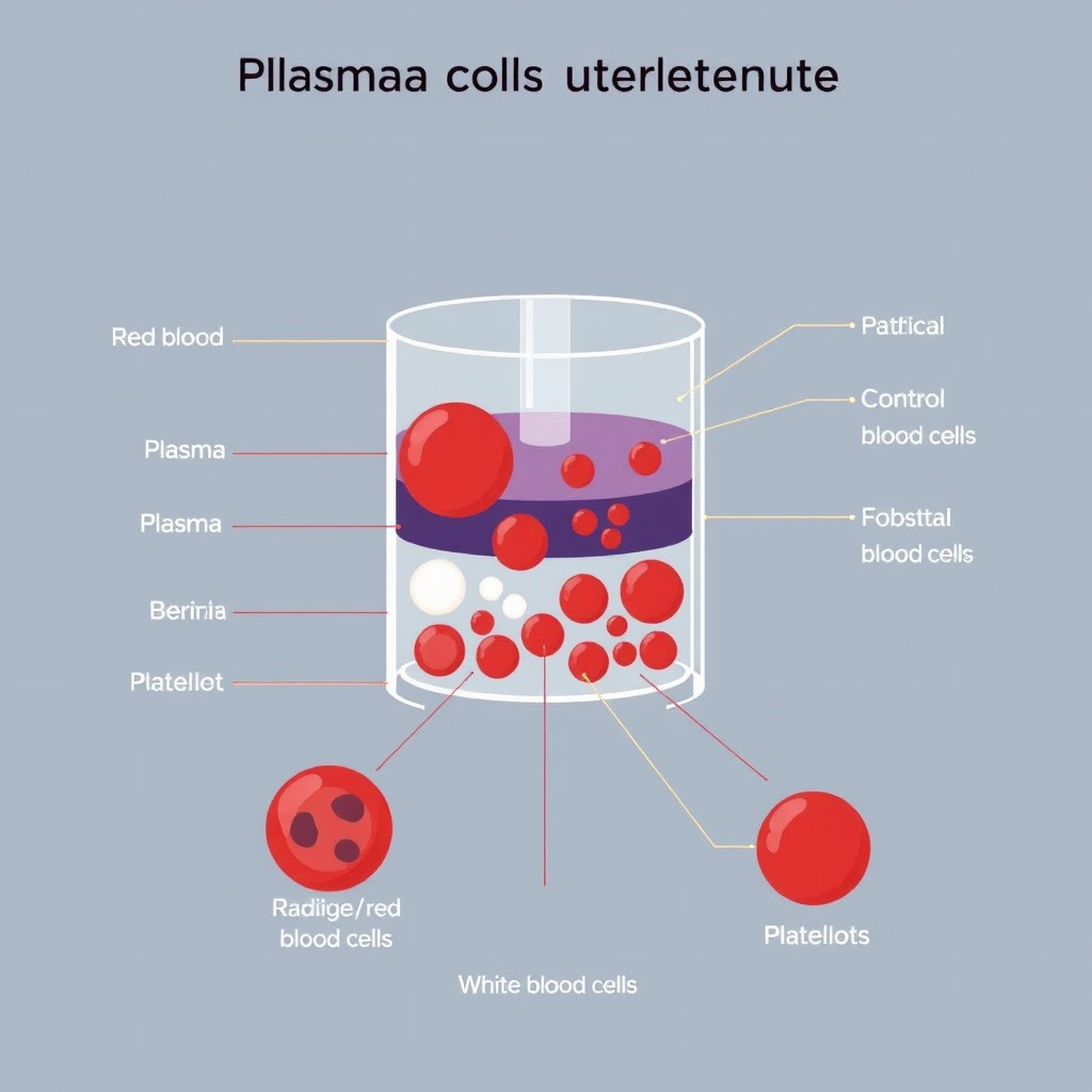 A detailed schematic diagram of plasma blood sample after separation, illustrating the various components such as plasma, red blood cells, white blood cells, and platelets