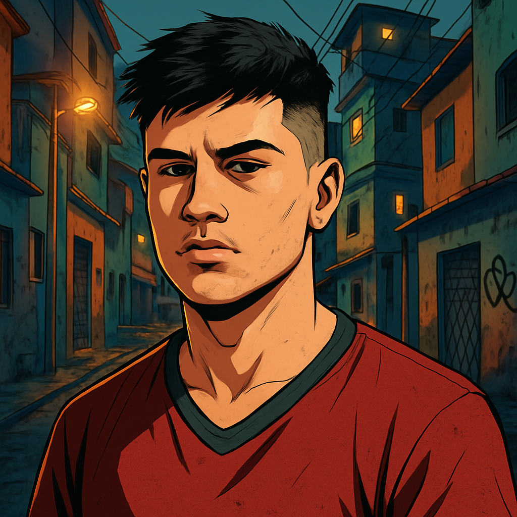 Crea una imagen estilo gta5 usando estas imágenes como referencia, quiero que estés atento a todos los detalles y peinado. El fondo debe ser un callejón de las favelas