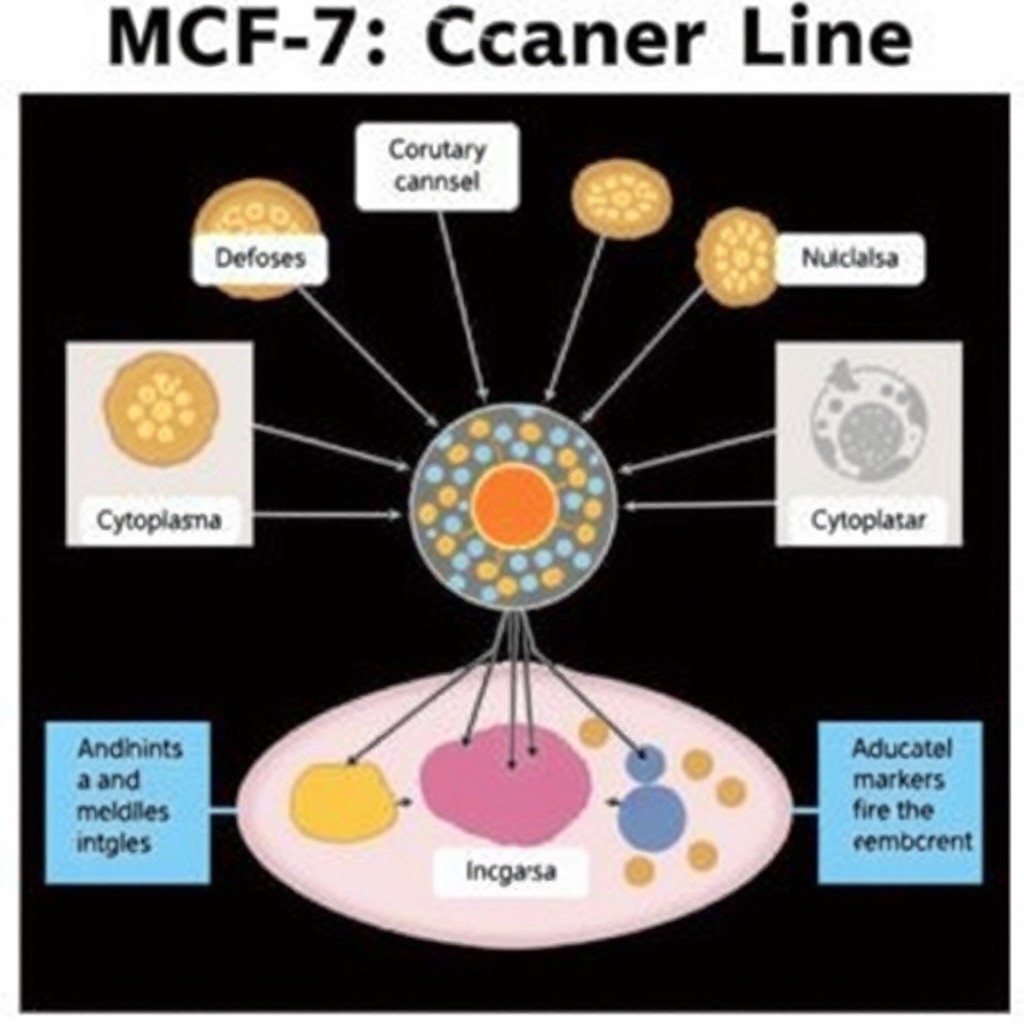 A schematic diagram representing MCF-7 cancer cell line, illustrating the unique characteristics and structures of the cells