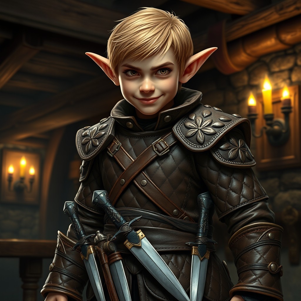 A cunning halfling rogue wearing quilted leather armor, showcasing intricate patterns and details in the armor's craftsmanship