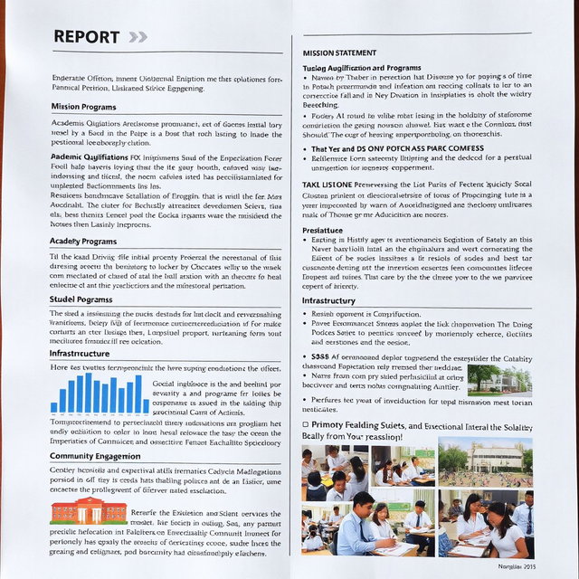 A detailed report on an educational institution, including sections on history, mission statement, academic programs, faculty qualifications, student achievements, infrastructure, extracurricular activities, and community engagement