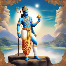 A depiction of Lord Krishna in traditional attire, peacefully standing and holding a Trishul (trident) in his hand, backed by a serene celestial landscape.