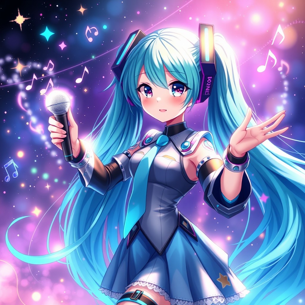A stunning and vibrant digital painting of Hatsune Miku as a virtual pop idol, with long aqua hair flowing in a cosmic background filled with stars and colorful lights