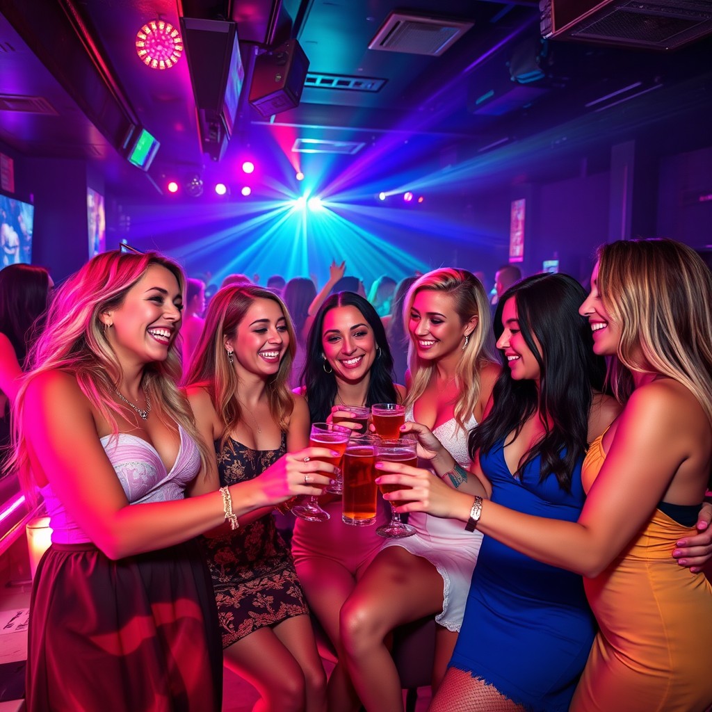 A vibrant nightclub scene featuring a group of stylish young women enjoying themselves