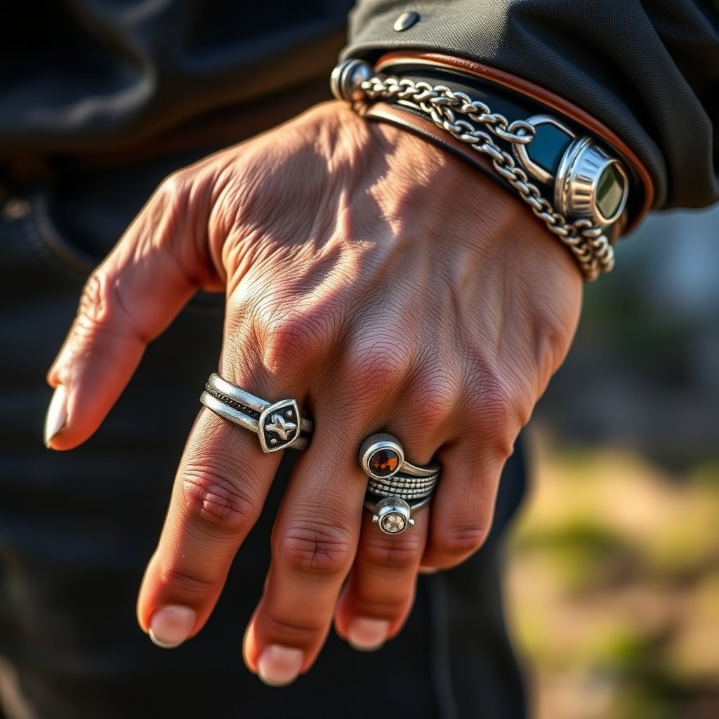 A close-up of a rugged, masculine hand adorned with multiple stylish rings and bracelets, showcasing a mix of silver and leather materials