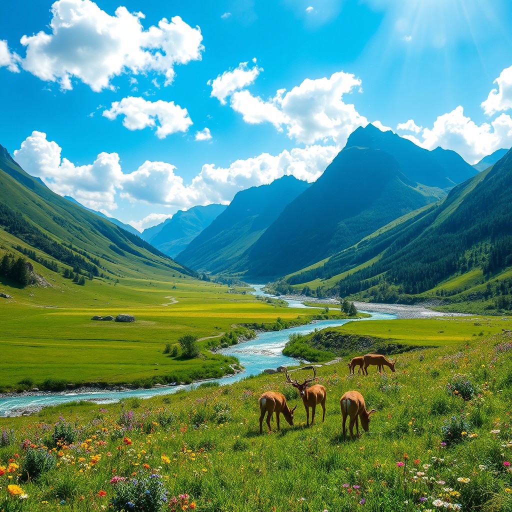 A serene landscape depicting a lush green valley surrounded by majestic mountains