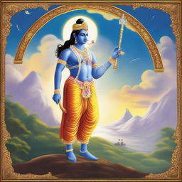 A depiction of Lord Krishna in traditional attire, peacefully standing and holding a Trishul (trident) in his hand, backed by a serene celestial landscape.