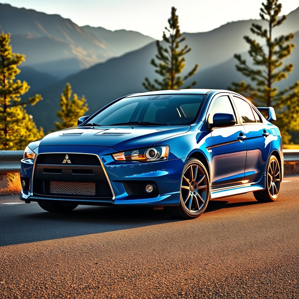 A striking Mitsubishi Lancer Cedia parked on a scenic mountain road, showcasing its sleek design and sporty silhouette