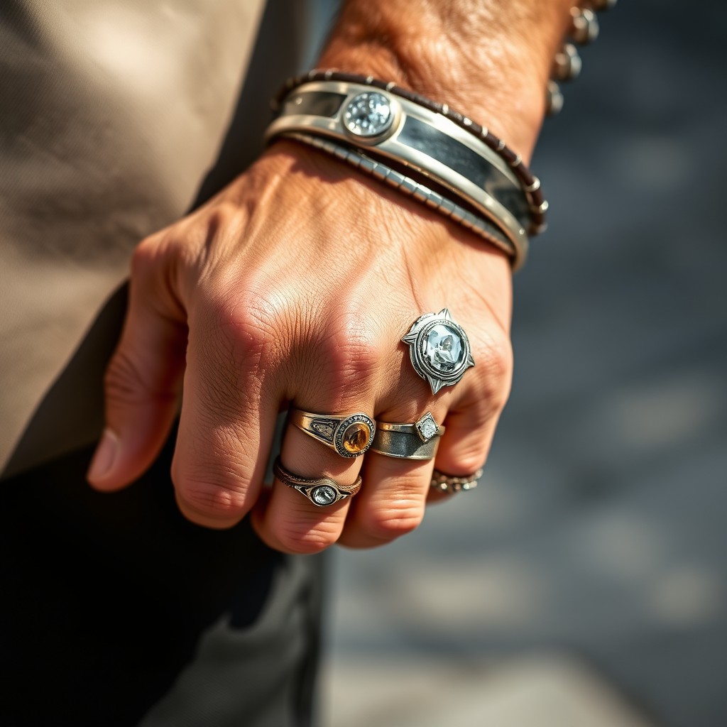 A well-groomed masculine hand adorned with multiple stylish rings and bracelets