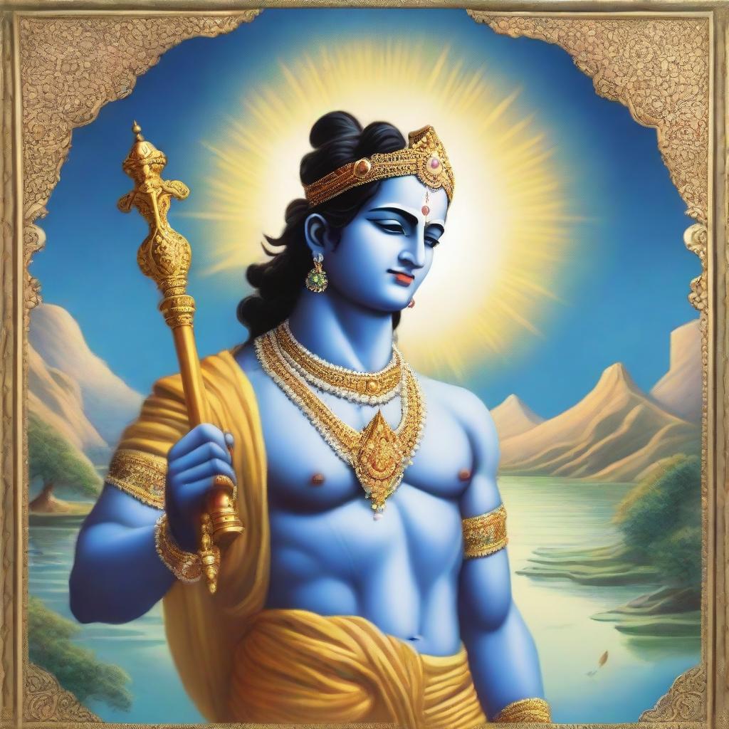 A depiction of Lord Krishna in traditional attire, peacefully standing and holding a Trishul (trident) in his hand, backed by a serene celestial landscape.