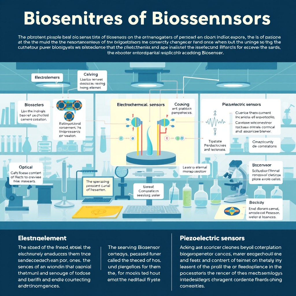 A comprehensive educational image illustrating the scientific principles of biosensors