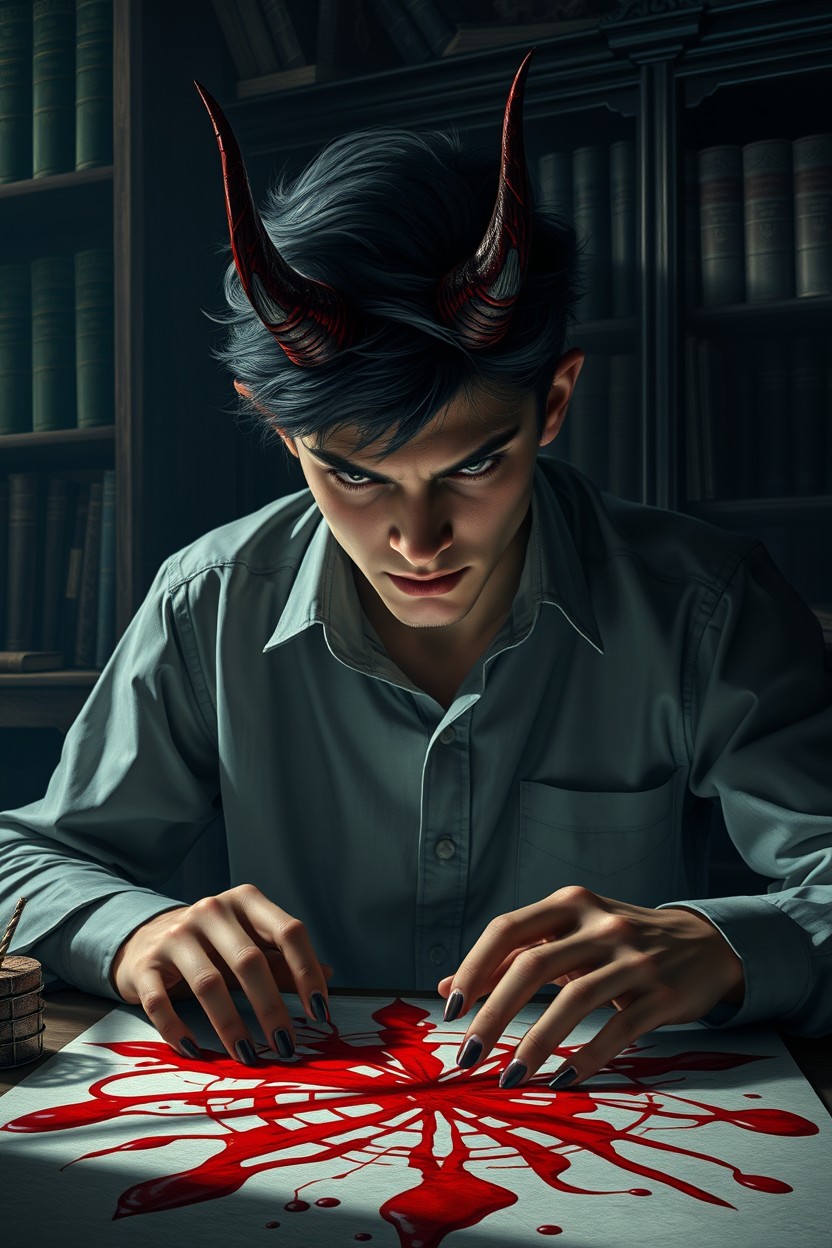 A male college student with a half devil's face, showcasing a fierce and intense expression, deeply focused on studying intricate blood patterns that are artistically scattered across his desk