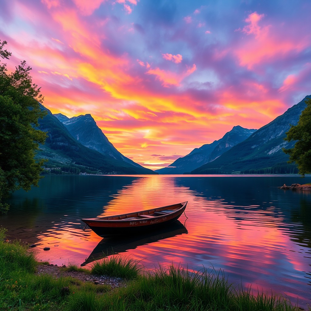 A stunning landscape photograph showcasing a beautiful serene lake surrounded by majestic mountains at sunset