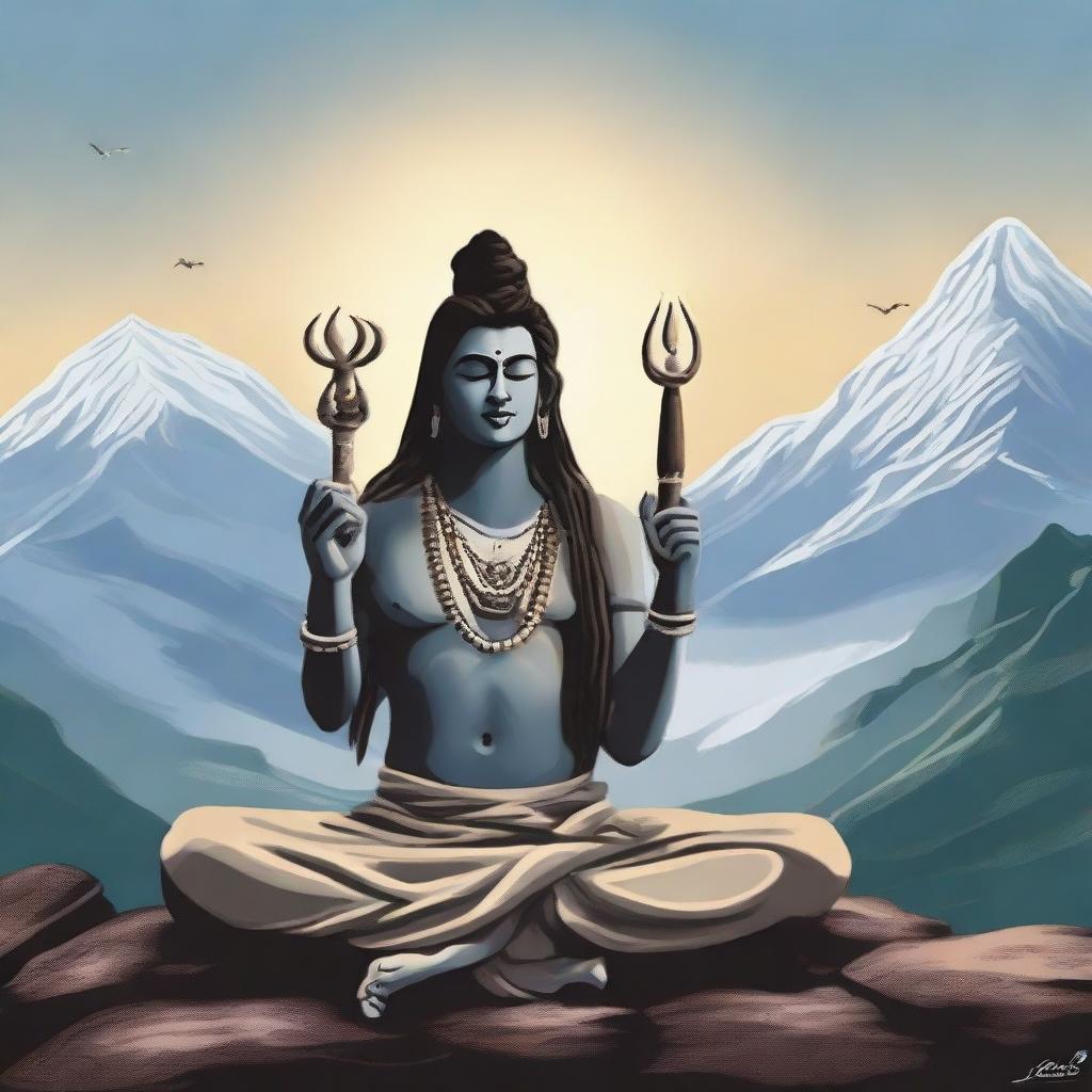 Artistic representation of Lord Shiva in meditation next to Sadhguru, both emanating a calm and spiritual aura, set against the backdrop of the mystical Himalayas.