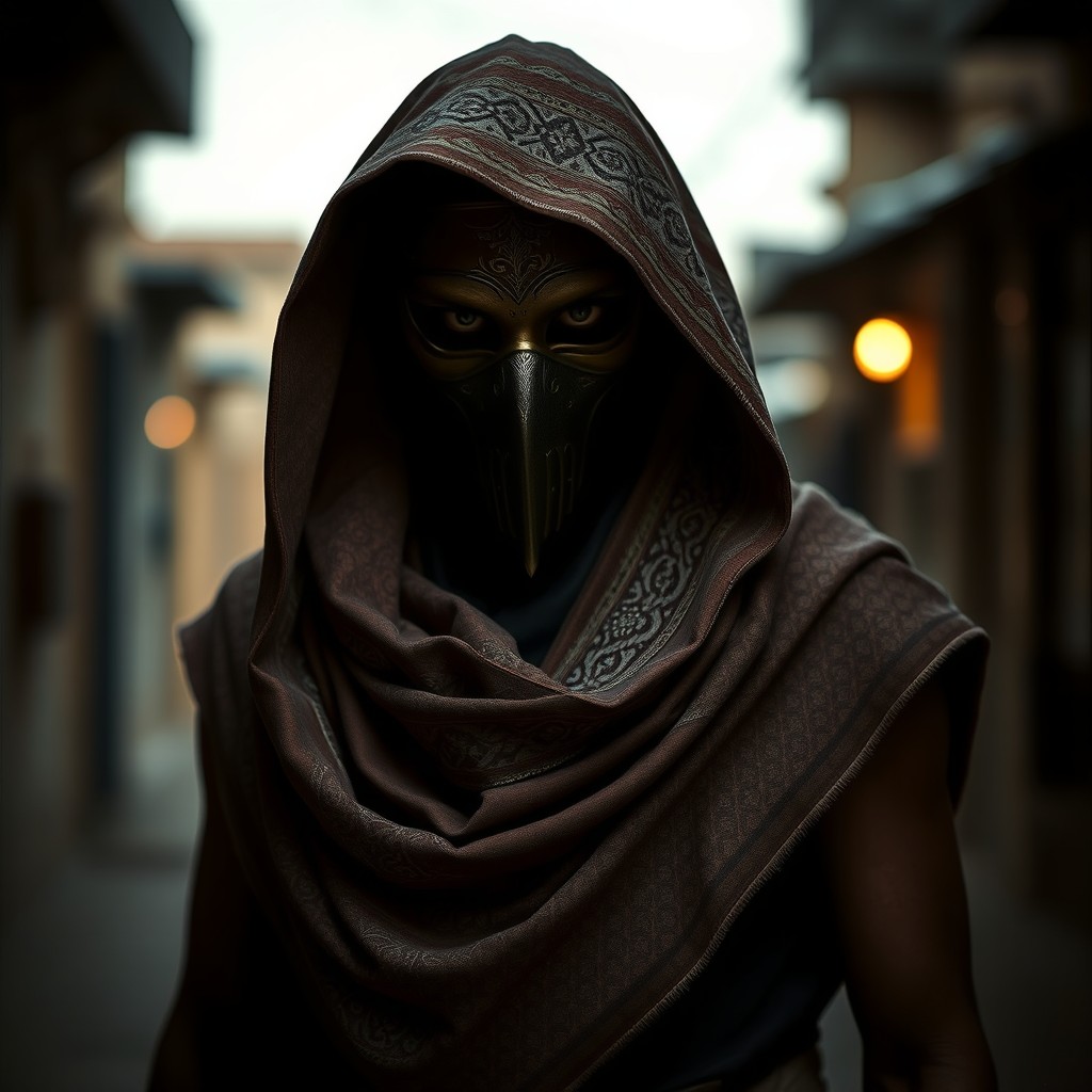 A mysterious figure of a man wearing a mask, with a shawl draped over his head