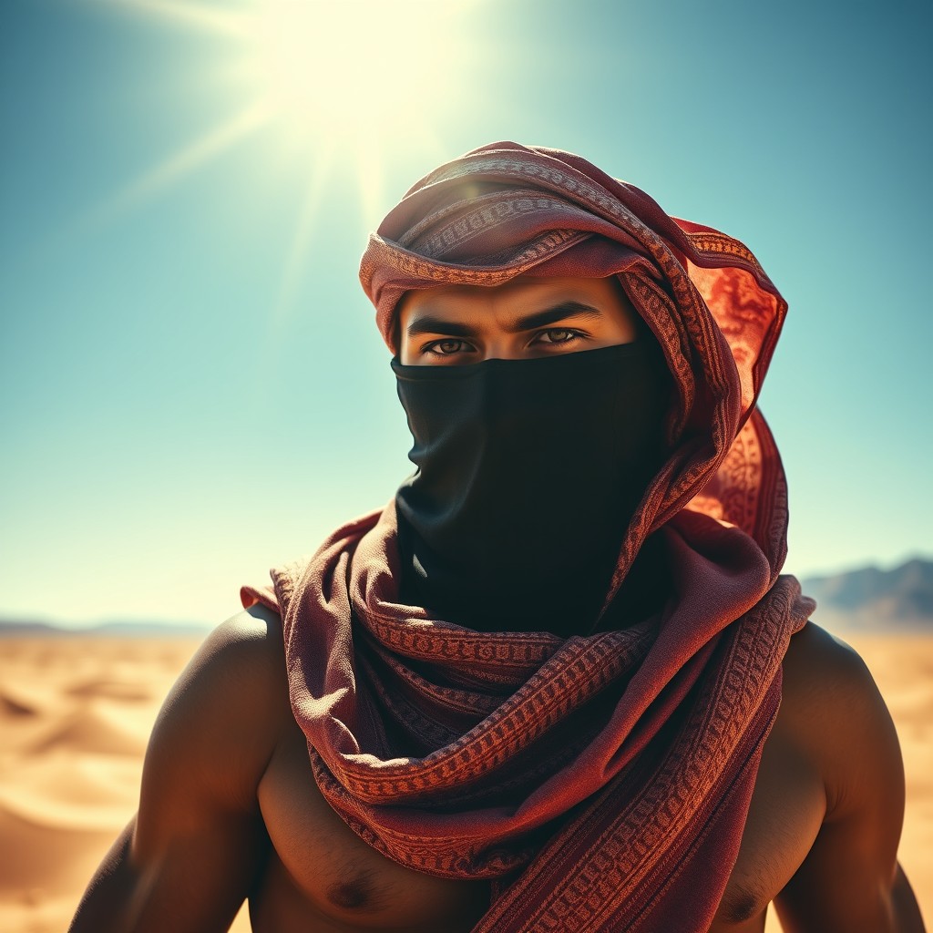 A mysterious masked man wearing a traditional Arab headscarf, with intricate patterns and rich textures, his face partially hidden