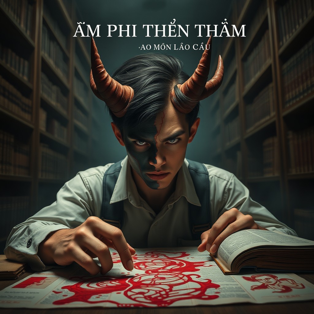 A male college student with a half devil's face, characterized by one side showing a menacing, demonic appearance while the other remains human, intensely focused on studying intricate blood patterns laid out before him
