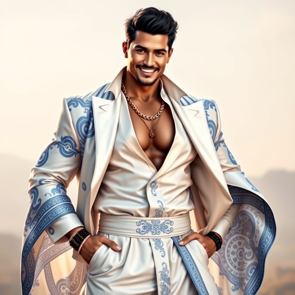 A confident and proud man standing elegantly, wearing stylish attire primarily in shades of white and blue