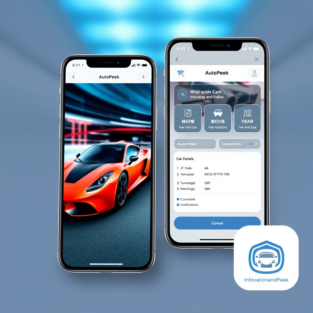A sleek and modern mobile application interface designed for a car details app named 'AutoPeek'