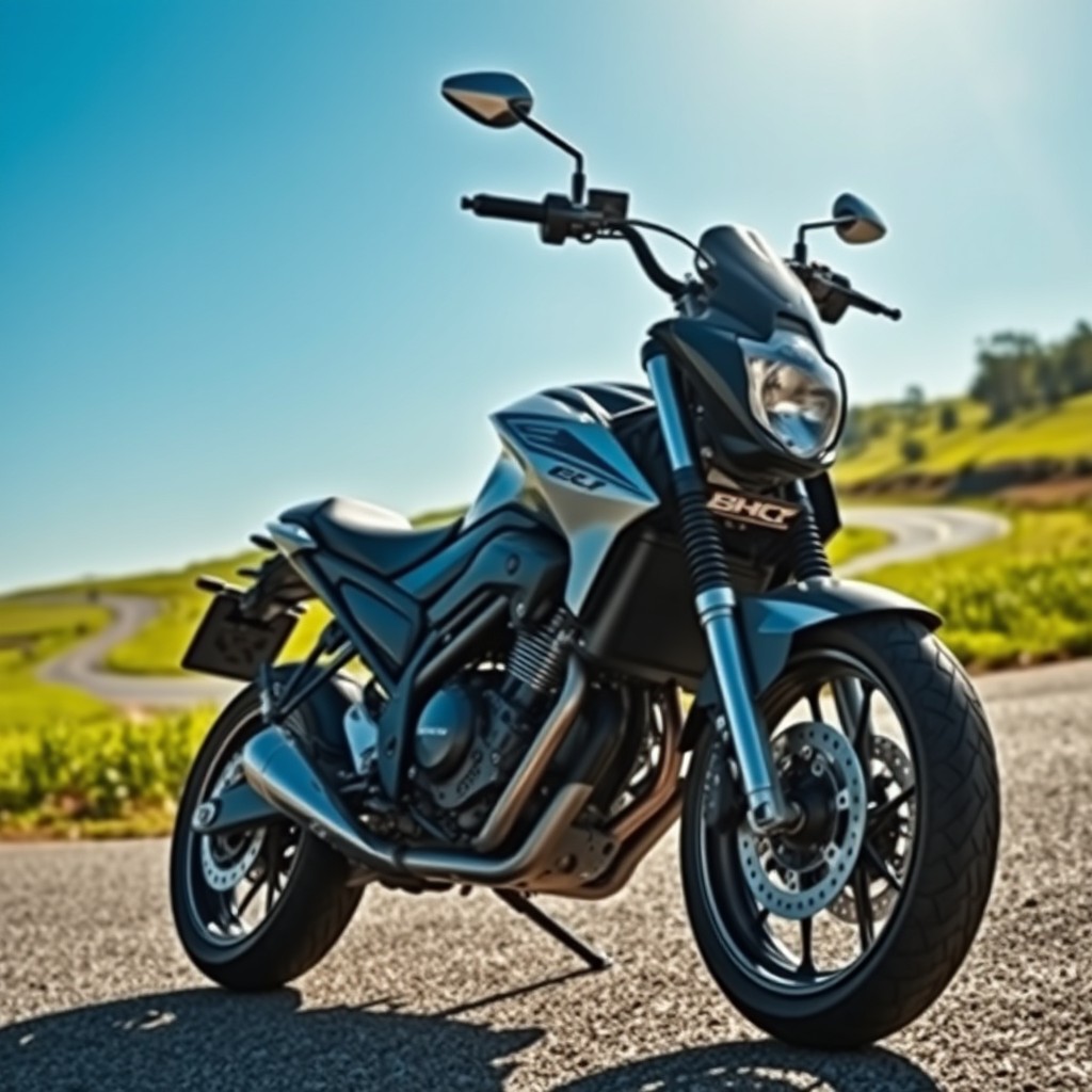 A sleek, modern motorbike parked on an open road, surrounded by lush green fields and a clear blue sky