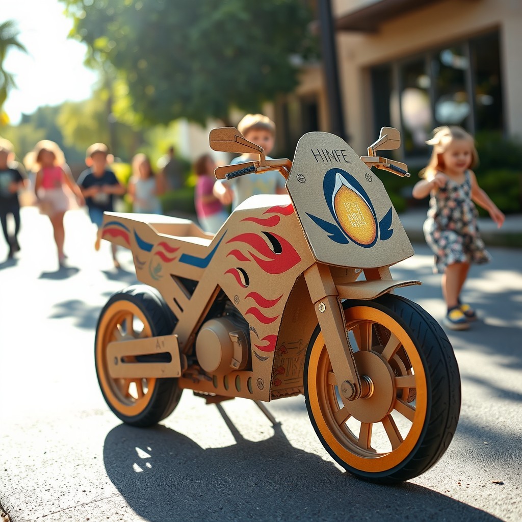 A creative scene depicting a homemade cardboard motorbike, intricately designed with vibrant colors and detailed cutouts