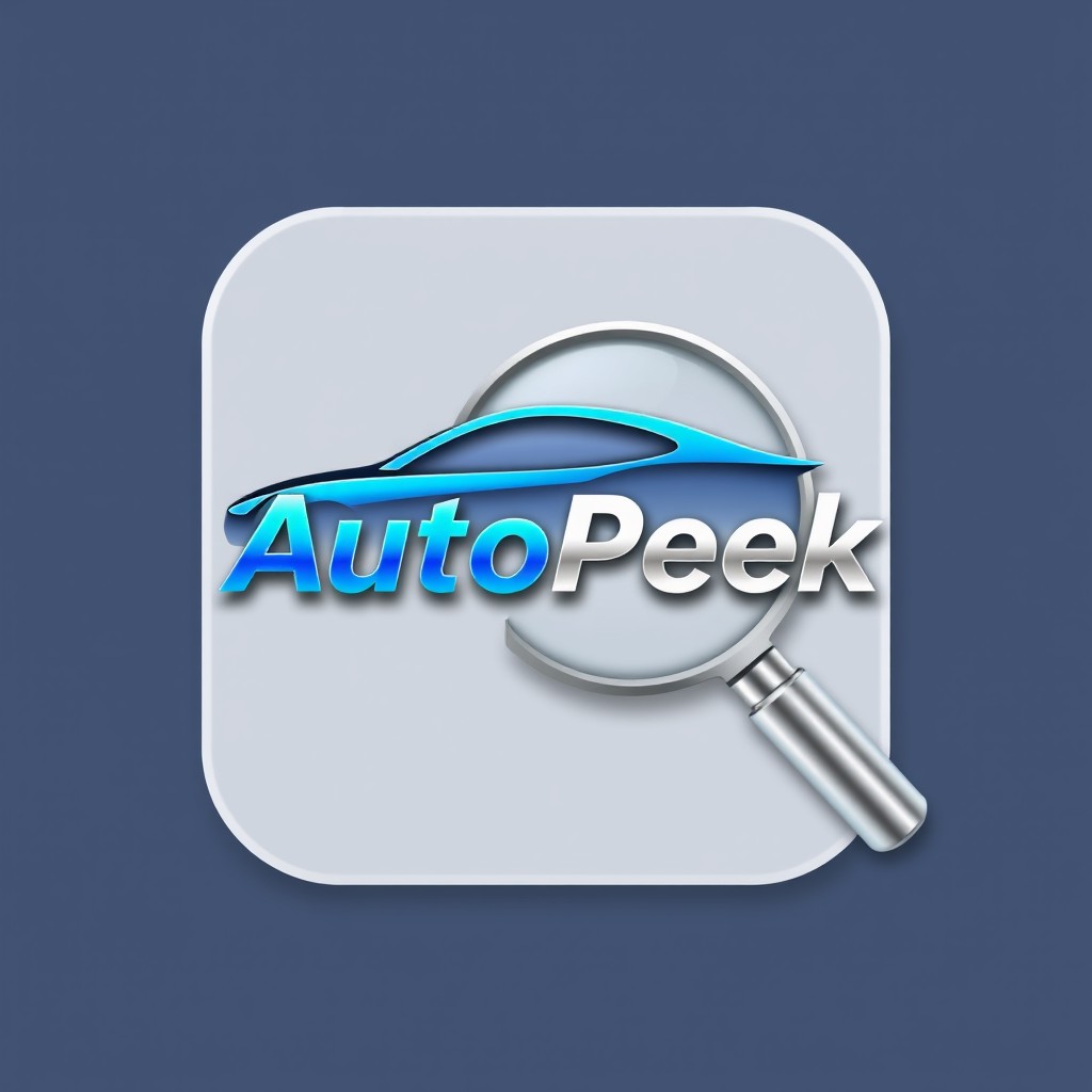 A logo design for the 'AutoPeek' mobile application featuring a sleek, modern silhouette of a car incorporated into a magnifying glass, symbolizing the idea of revealing car details and insights
