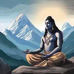 Artistic representation of Lord Shiva in meditation next to Sadhguru, both emanating a calm and spiritual aura, set against the backdrop of the mystical Himalayas.