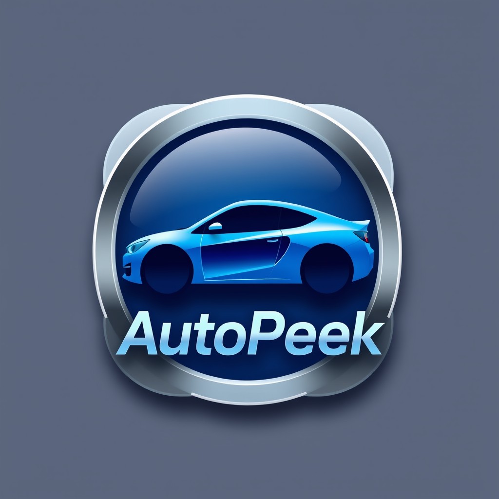 A logo design for the 'AutoPeek' mobile application featuring a sleek, modern silhouette of a car enclosed within a stylized magnifying glass, symbolizing the app's function of providing detailed insights about vehicles from images