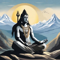 Artistic representation of Lord Shiva in meditation next to Sadhguru, both emanating a calm and spiritual aura, set against the backdrop of the mystical Himalayas.