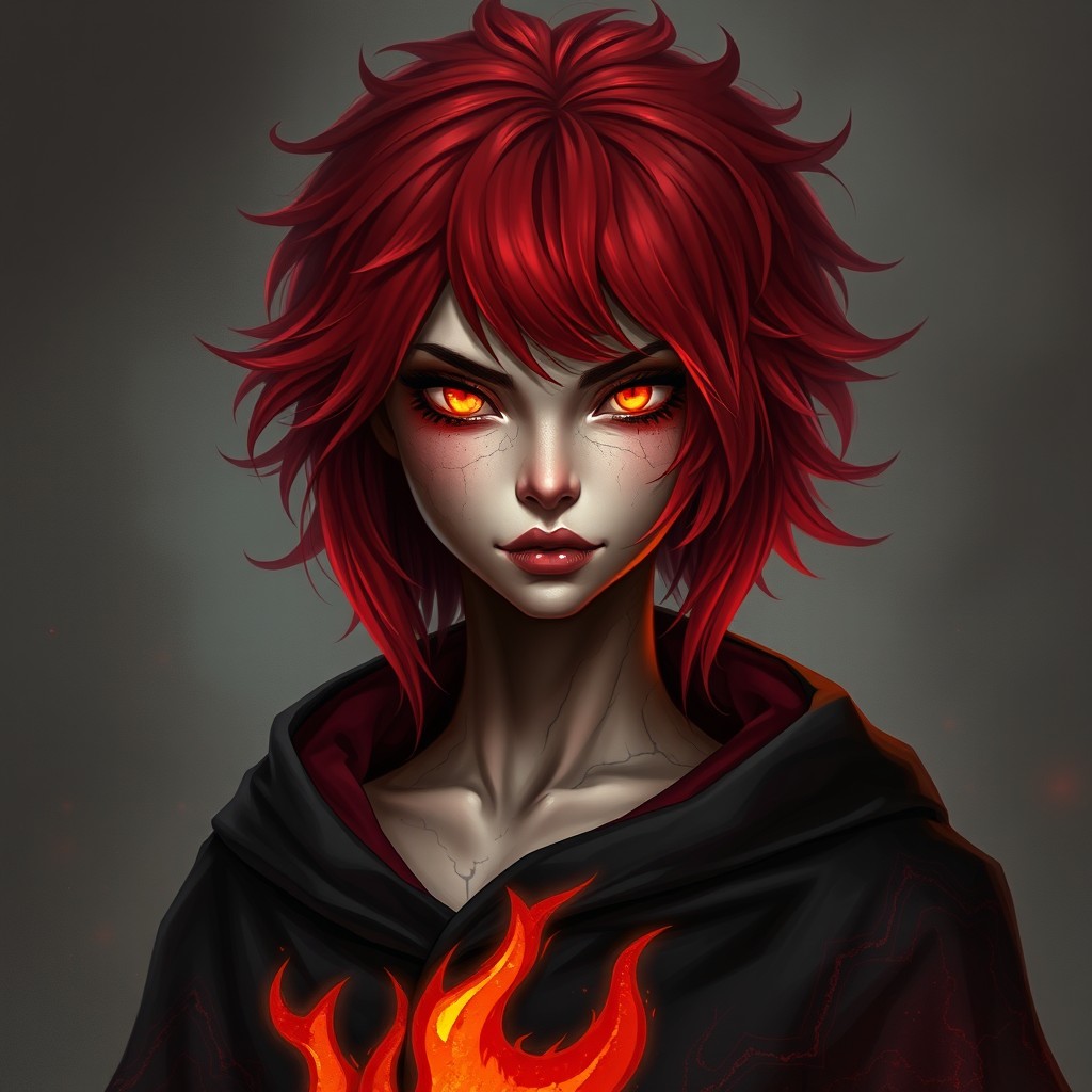 A strikingly beautiful figure with fiery red hair and golden eyes that resemble glowing coals