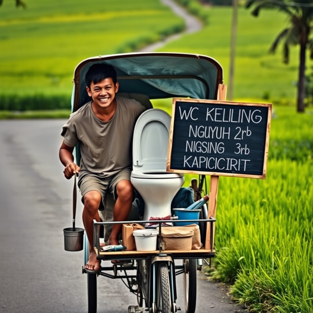 A vibrant HD photo depicting a man in a shabby t-shirt and shorts riding an open pedicab down a small paved road in Indonesia