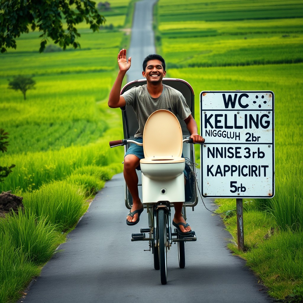 A stunning HD photo illustrating a man in a shabby t-shirt and shorts joyfully riding an open pedicab along a narrow paved road in Indonesia