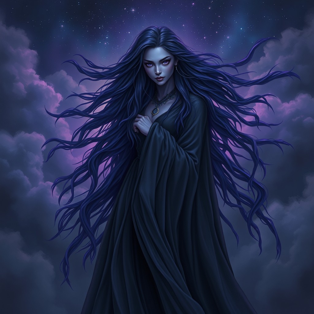 Nyxira is surrounded by clouds of darkness, with long, endless hair that vibrates like stars against the night sky