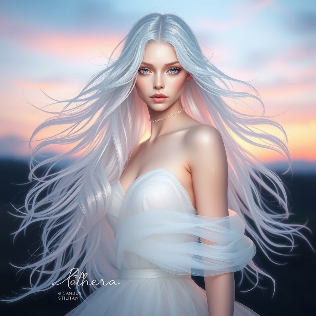 Aethera is ethereal and delicate, with long, bright, almost transparent hair that always floats around her like a gentle breeze