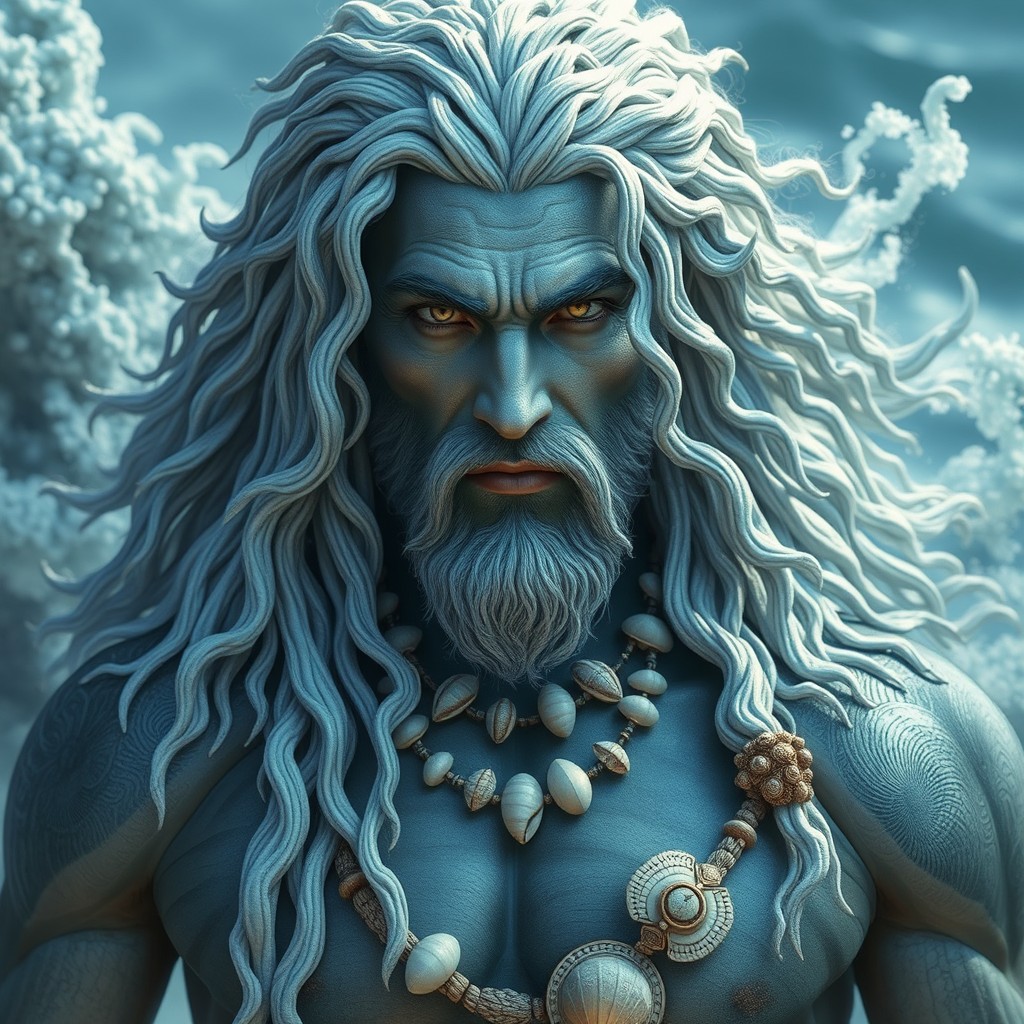 Nereus is a powerful man with skin resembling the sea, as if carved from shells and corals