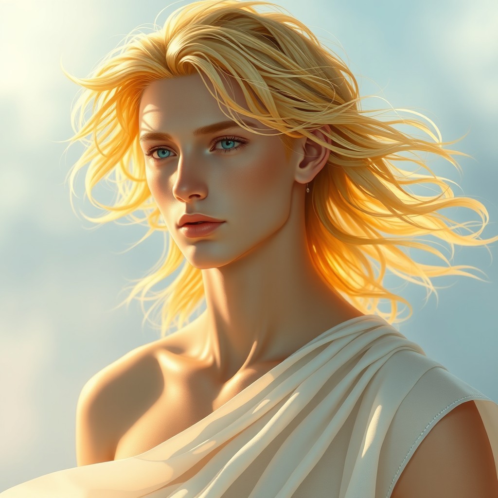 A slender, young man named Zephyros with golden, almost translucent hair that floats in the air like the gentle breezes of a morning dawn