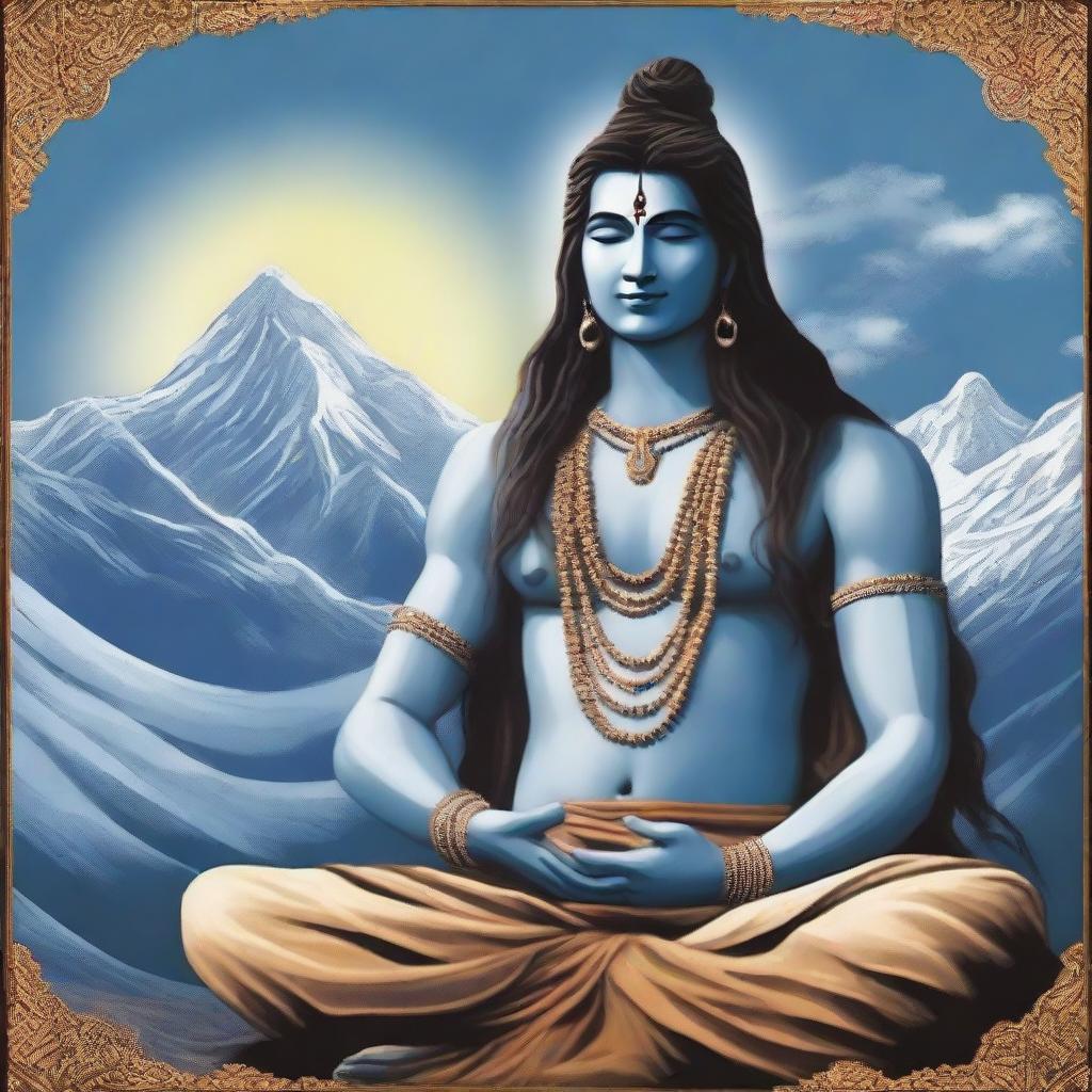 Artistic representation of Lord Shiva in meditation next to Sadhguru, both emanating a calm and spiritual aura, set against the backdrop of the mystical Himalayas.