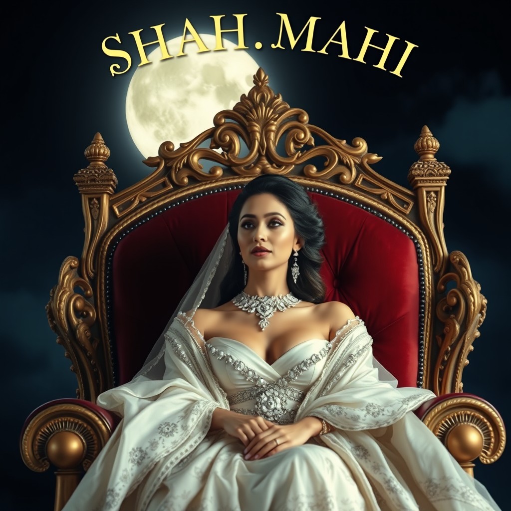 A regal woman sitting on a lavish royal throne, exuding an aura of grace and elegance, as beautiful as the moon