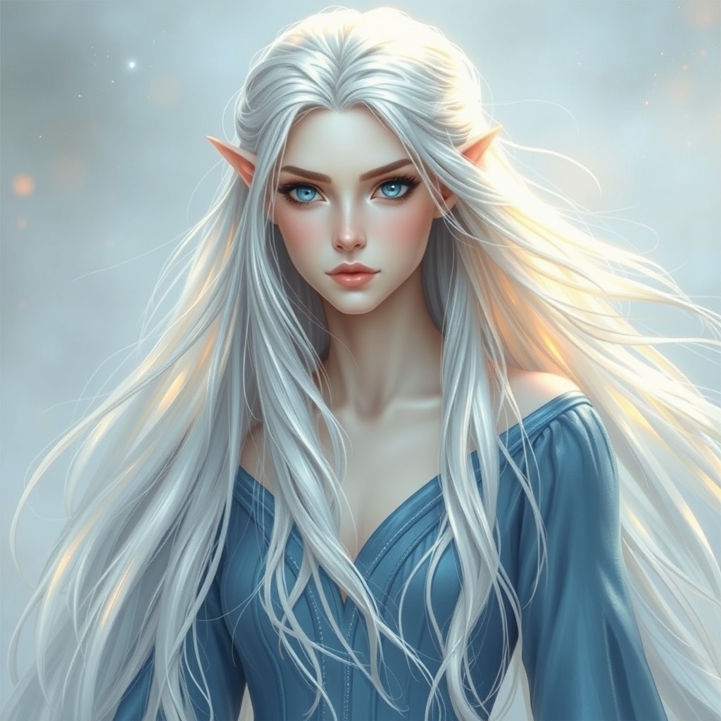 Imara Lirael is an elf with long, silvery-white hair that shimmers with hints of gold and blue