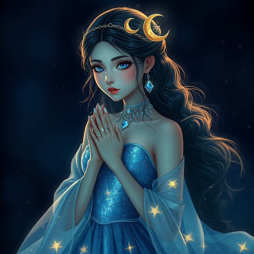 Imara wears a shimmering, flowing gown reminiscent of the night sky, adorned with prints of stars and twinkling constellations