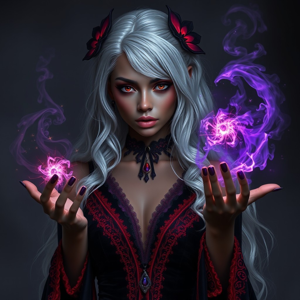 Imara is wearing a black velvet dress with red and purple accents that blend seamlessly with her silvery hair