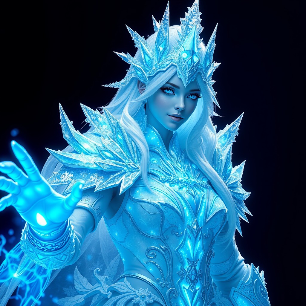 Imara is clad in a shimmering white armor crafted from ice crystals and snowflakes