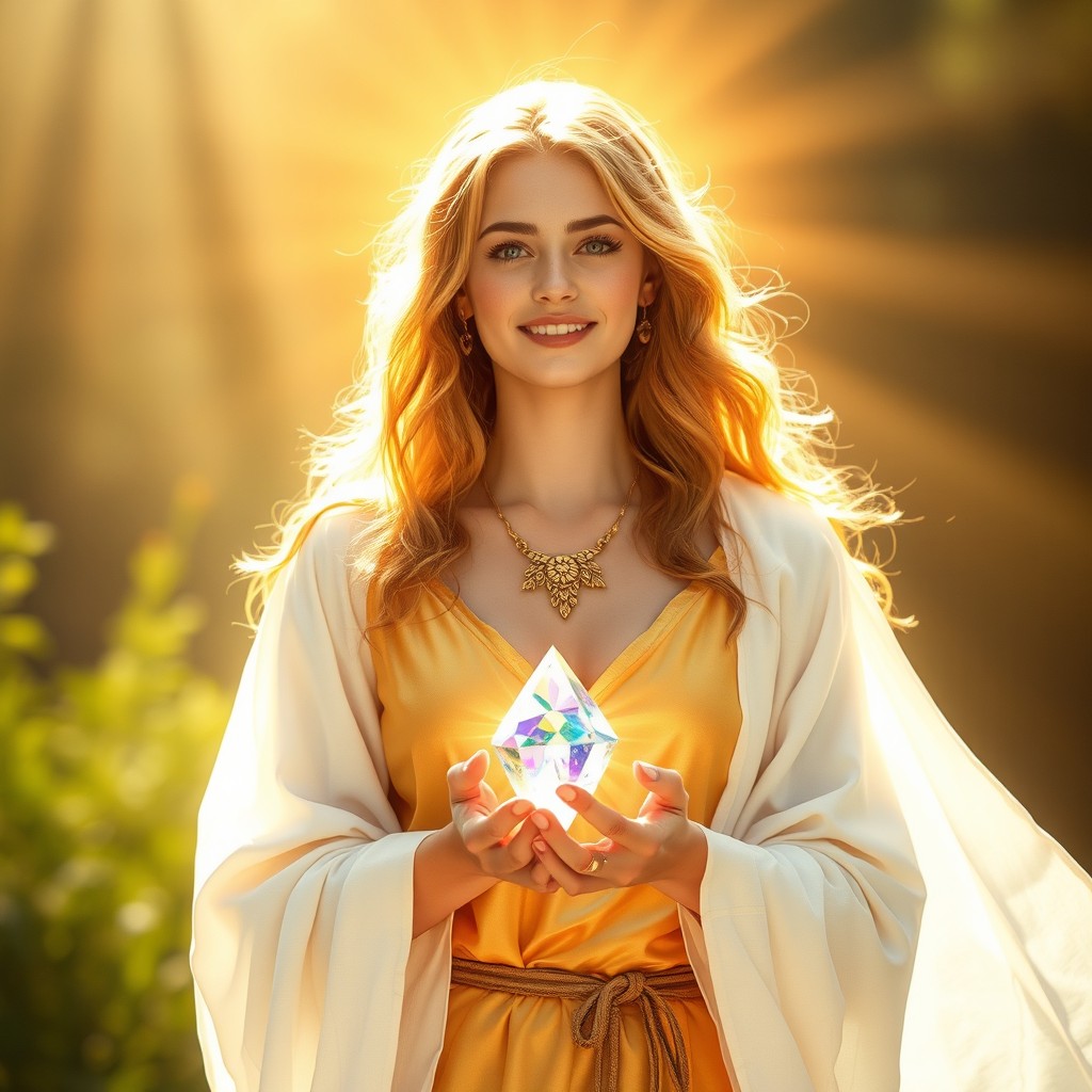 Imara wears a light golden tunic and flowing white robes that reflect the warmth of the sun's rays