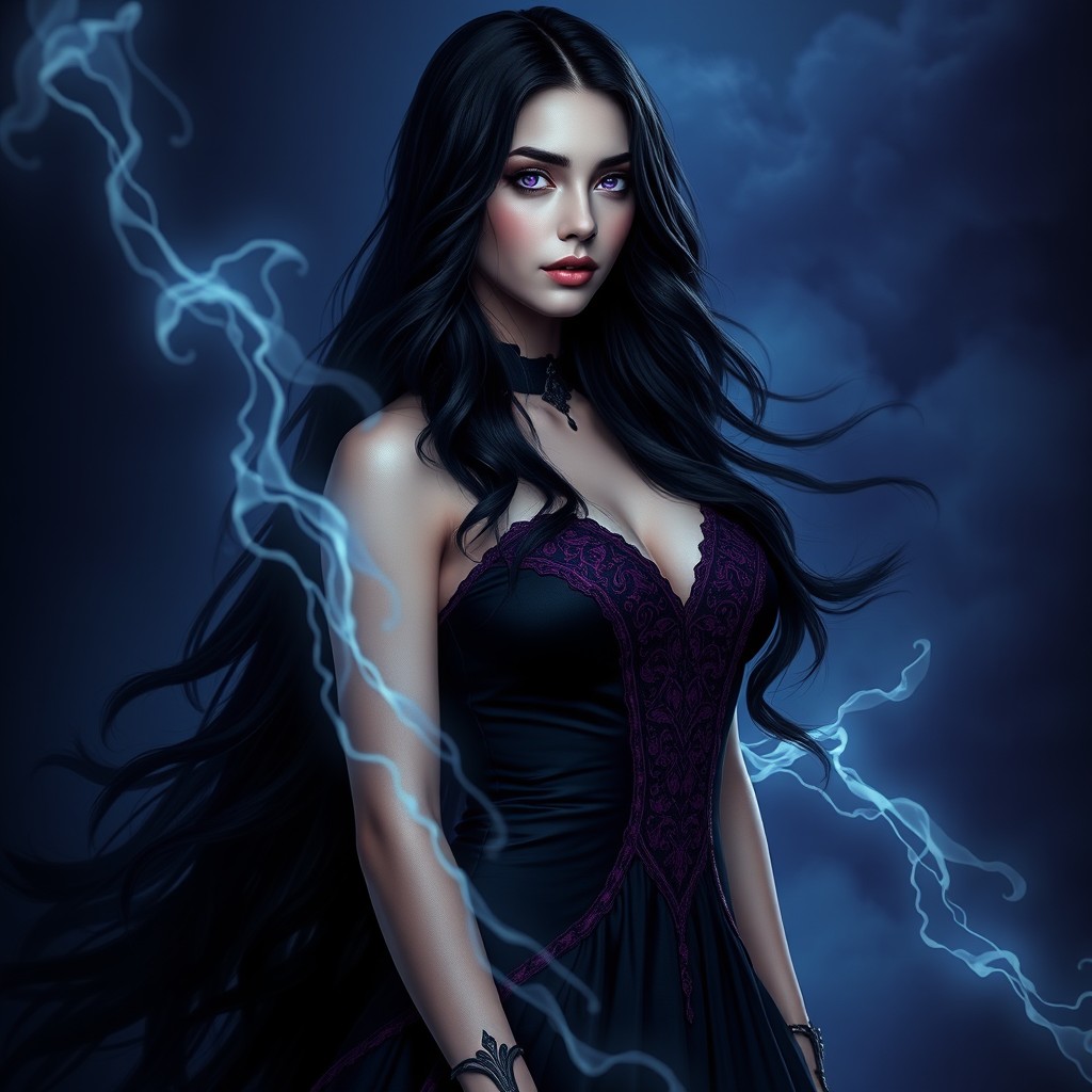 Imara wears an elegant black gown accented with shades of purple and red, adorned with mysterious runes that add a sense of enchantment